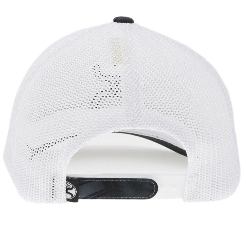 back of the "Bass" black and white scale pattern hat with black and white hooey logo