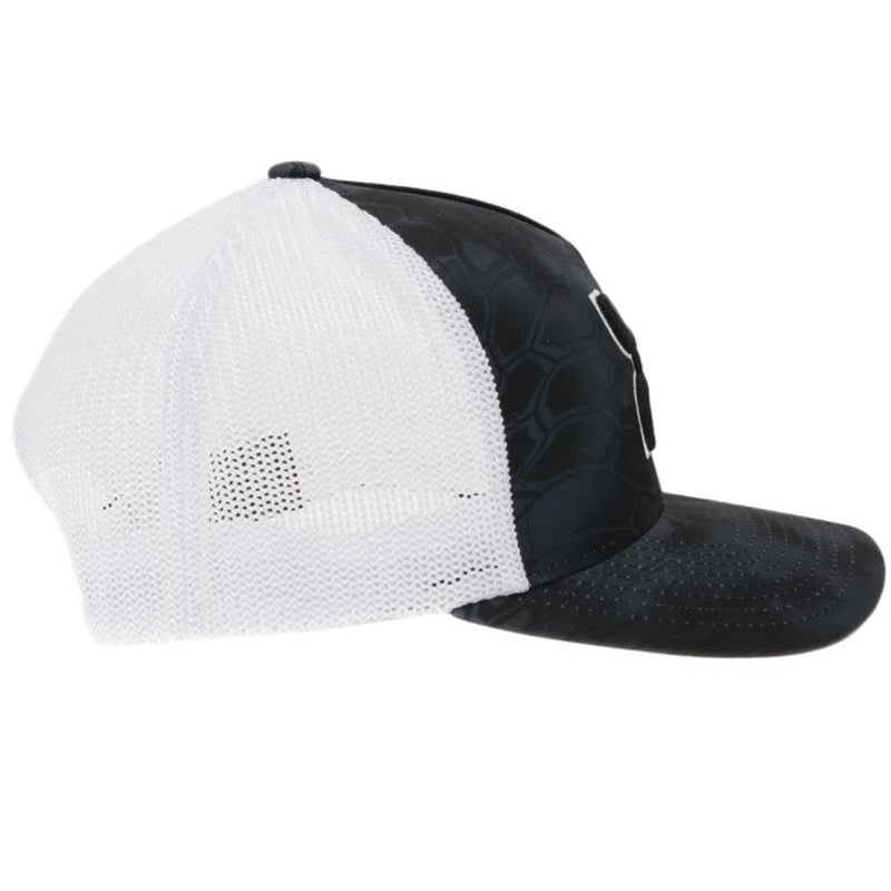 right side of the "Bass" black and white scale pattern hat with black and white hooey logo