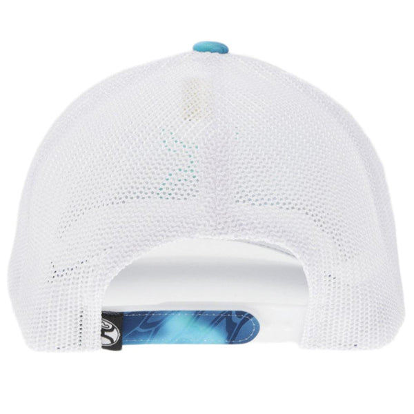 back of the "Bass" blue and white scale hat with teal Hooey logo