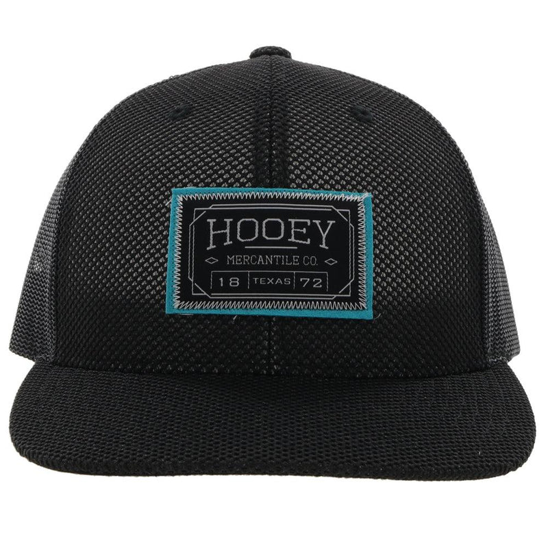 front of the Doc youth black hooey hat with blue and black patch