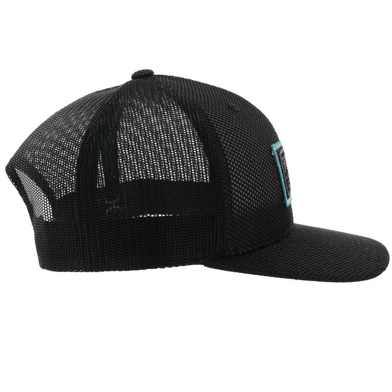 right side of the Doc youth black hooey hat with blue and black patch