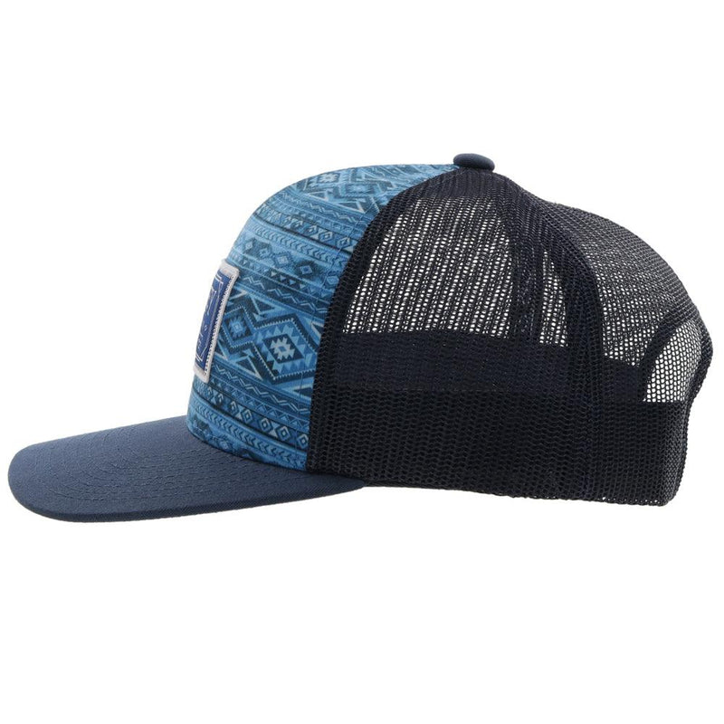left side view of the Doc youth hat in black with blue tones pattern on front