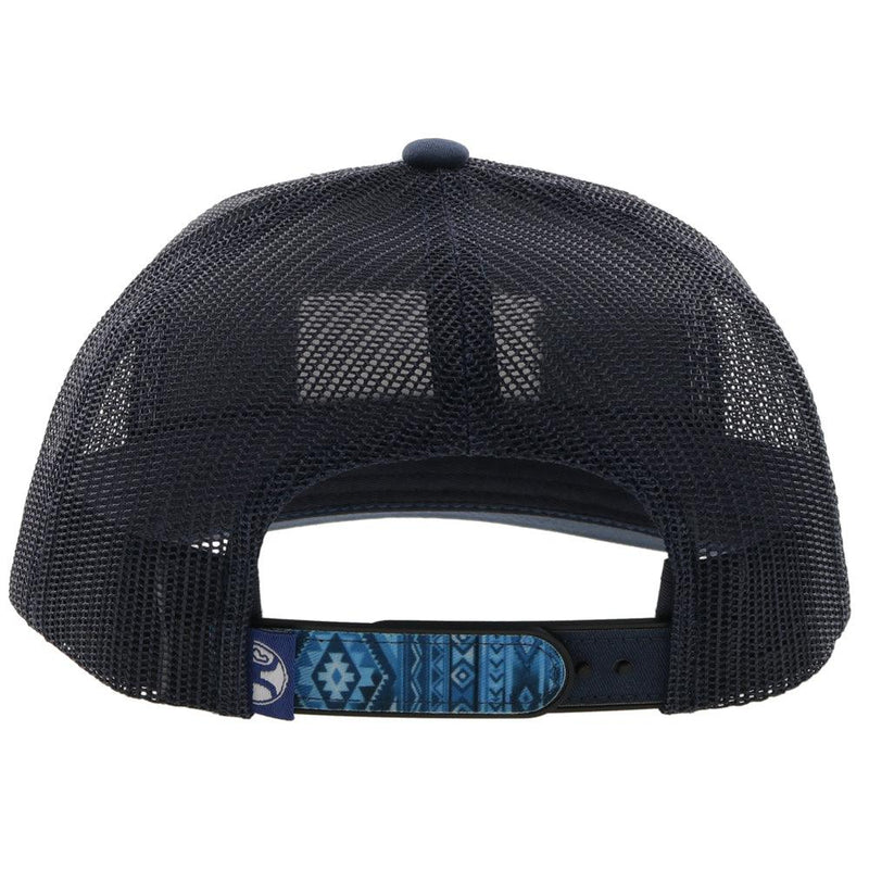 back of the Doc youth hat in black with blue tones pattern on front