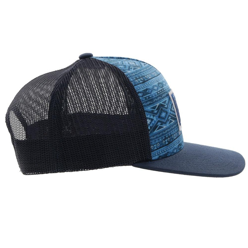 right side view of the Doc youth hat in black with blue tones pattern on front