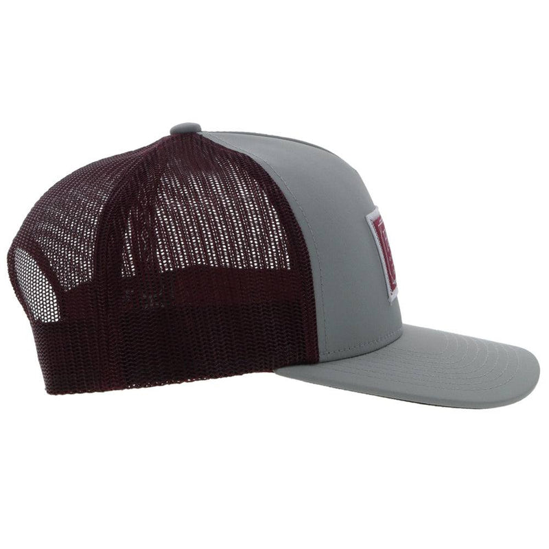 right side of the Doc grey and maroon hat with maroon and white patch