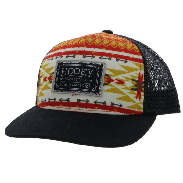 Doc black hat with red, yellow, white Aztec pattern on front