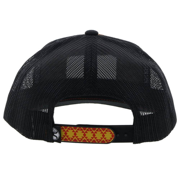 back of the Doc black hat with red, yellow, white Aztec pattern on front
