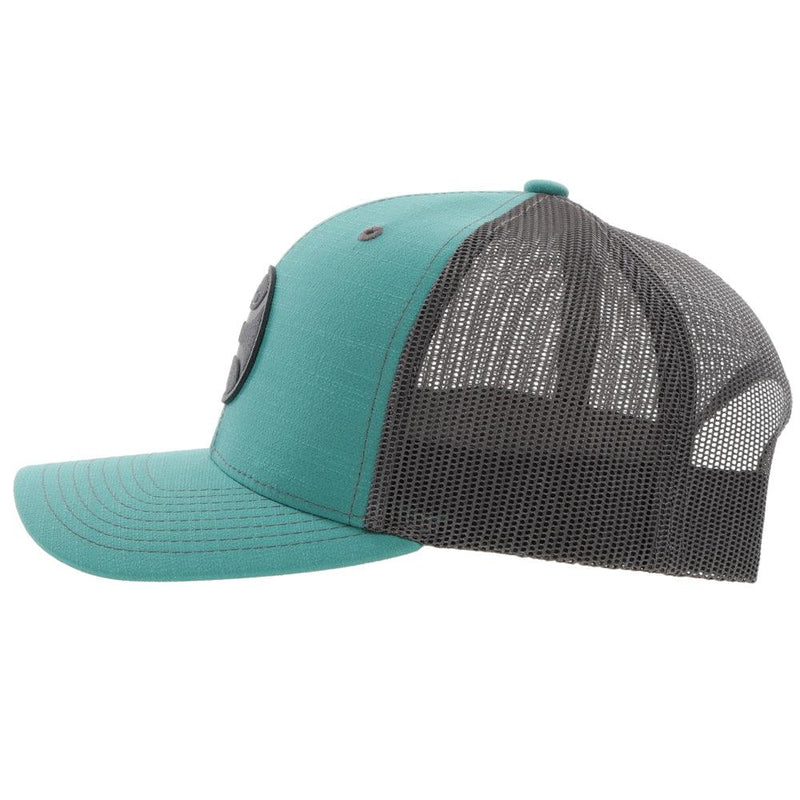 Left side of the Teal and grey "Blush" Hooey hat