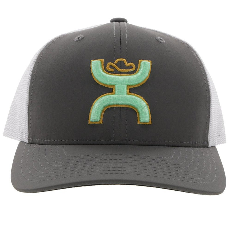 front view of the sterling youth hat in grey and white with a teal and gold Hooey logo patch