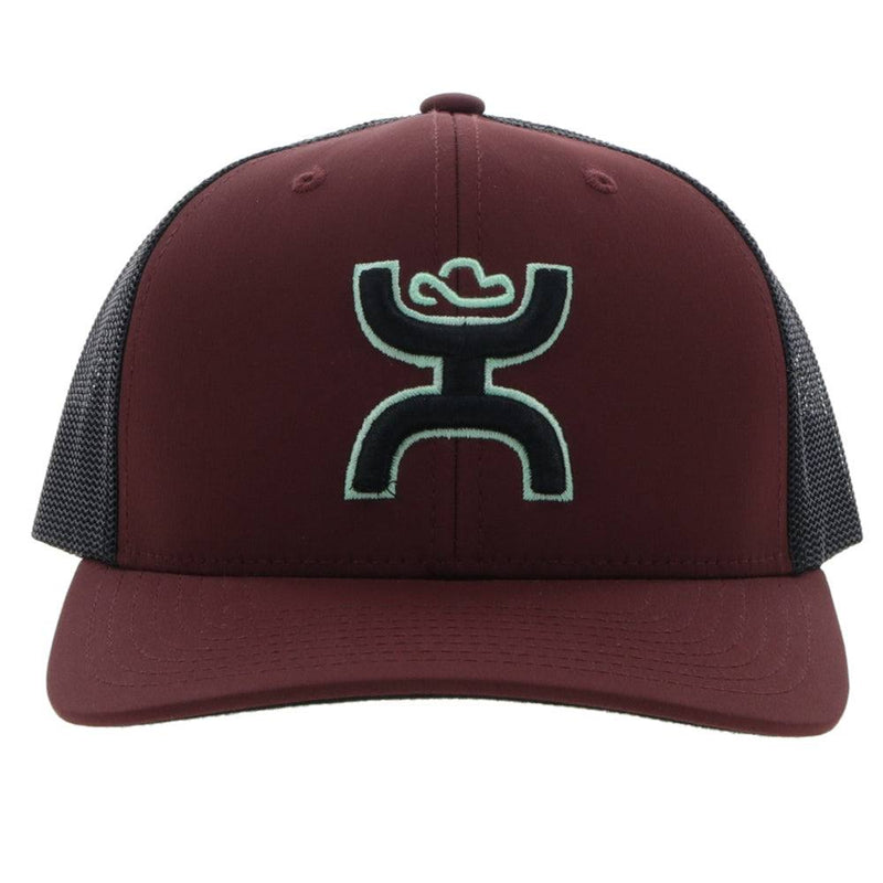 front view of the Youth maroon and black Sterling hat with teal and black Hooey logo made from the signature Odessa fabric