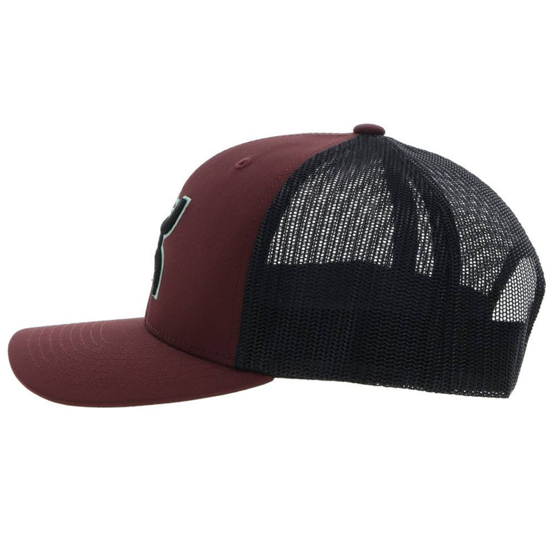 left side view of the Youth maroon and black Sterling hat with teal and black Hooey logo made from the signature Odessa fabric