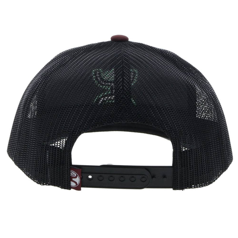 back view of the Youth maroon and black Sterling hat with teal and black Hooey logo made from the signature Odessa fabric
