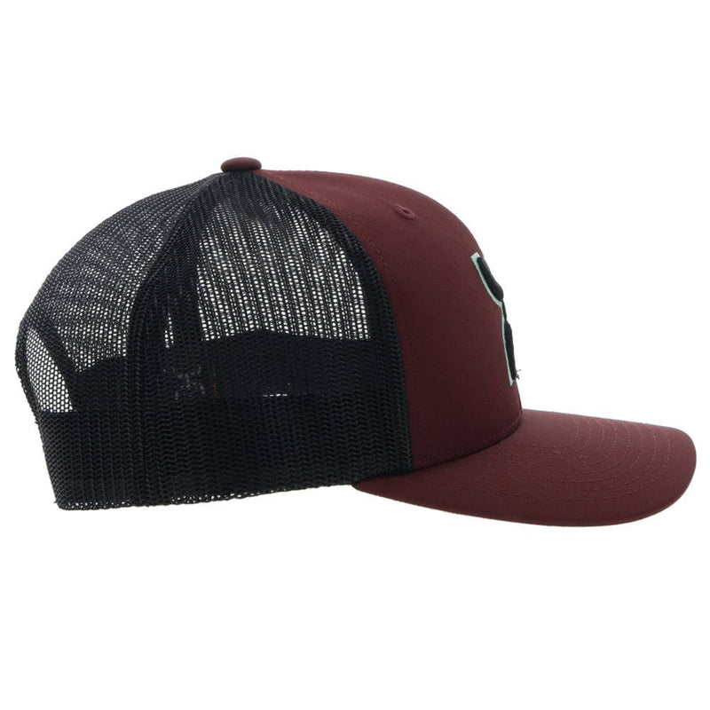 right side view of the Youth maroon and black Sterling hat with teal and black Hooey logo made from the signature Odessa fabric