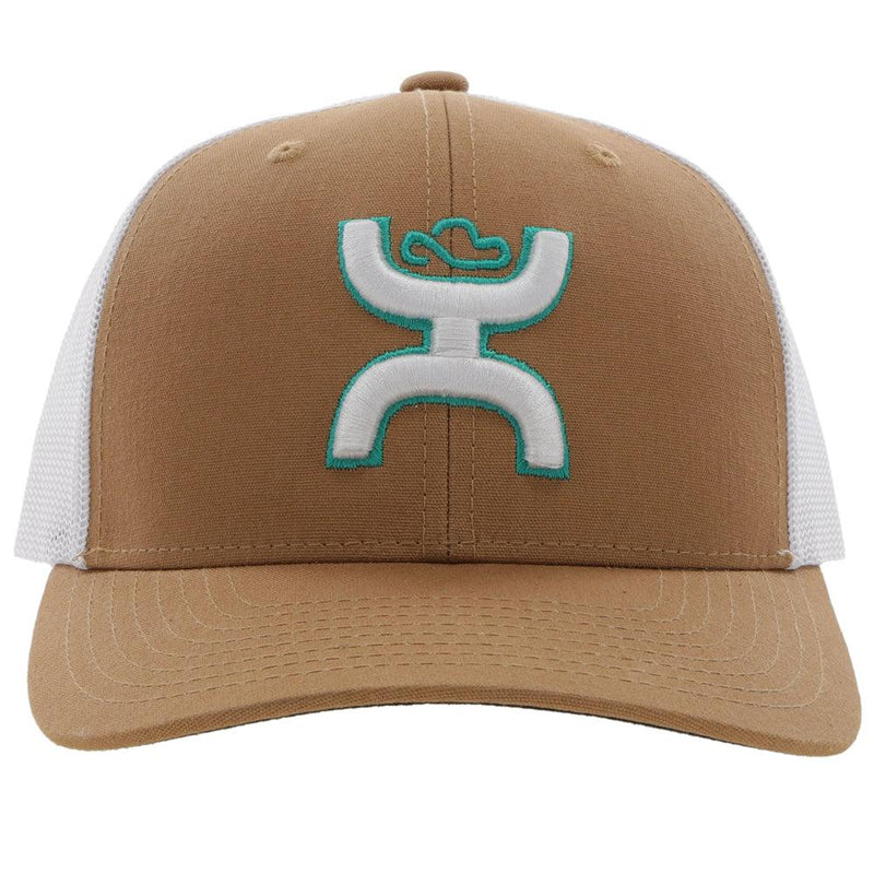 front view of the Sterling tan and white youth hat with teal and white Hooey logo