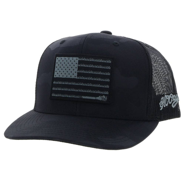 Youth Liberty-roper black on black camo hat with black and grey patch and logo
