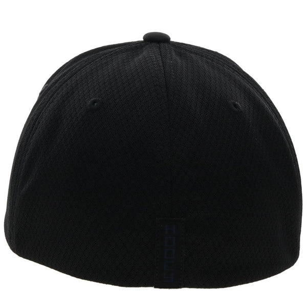 back of the black on black Coach flexfit hat with charcoal logo