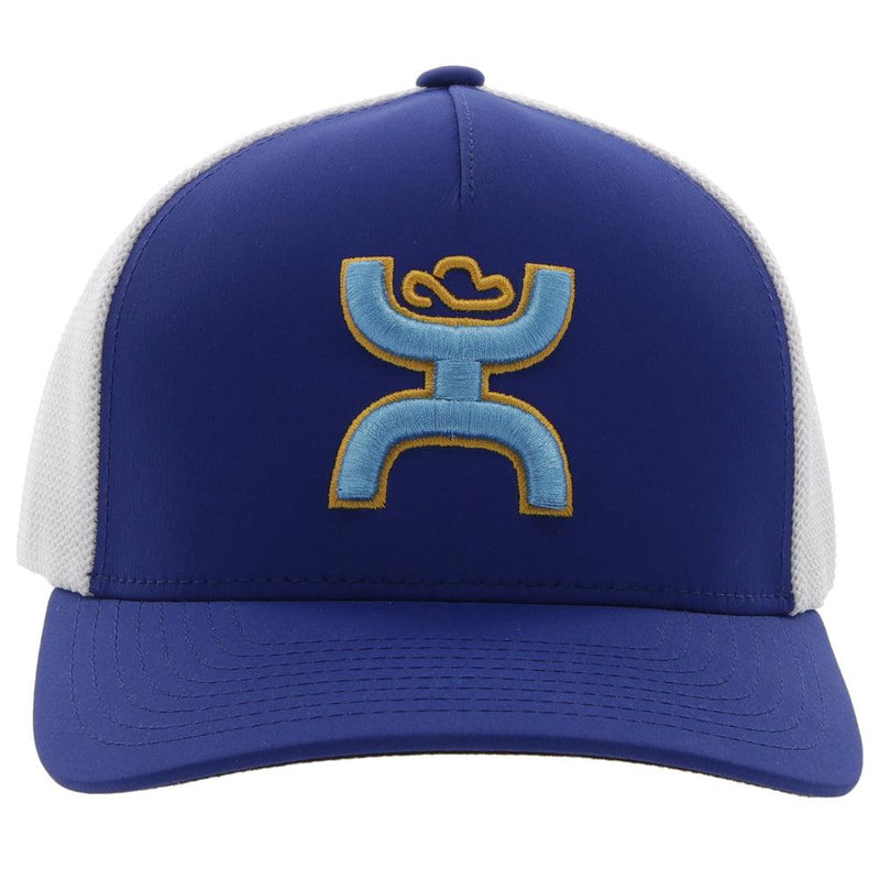 front of the blue and white flexfit Coach hat with gold and baby blue logo