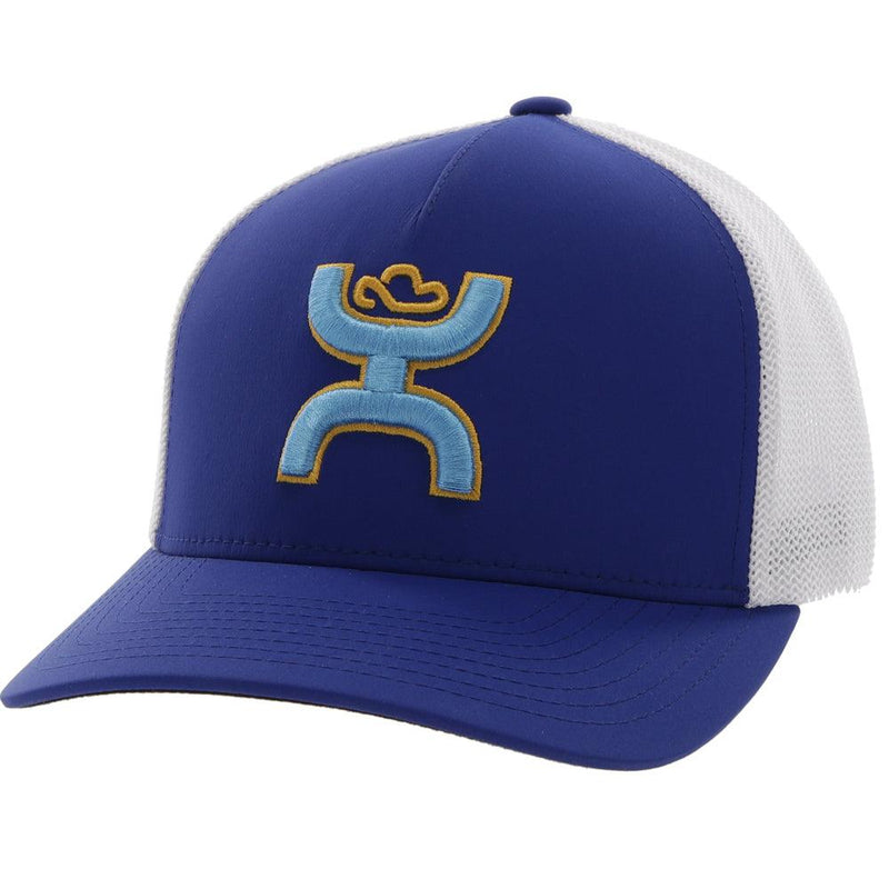 blue and white flexfit Coach hat with gold and baby blue logo