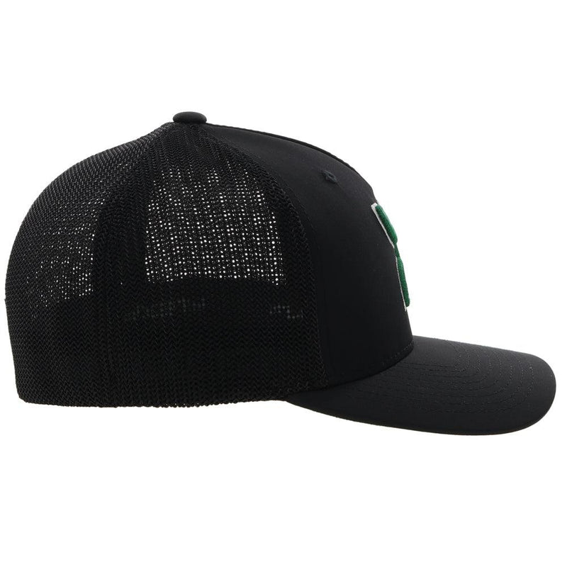 Right side of the Black on black "Boquillas" hat with green, red, and white Hooey logo