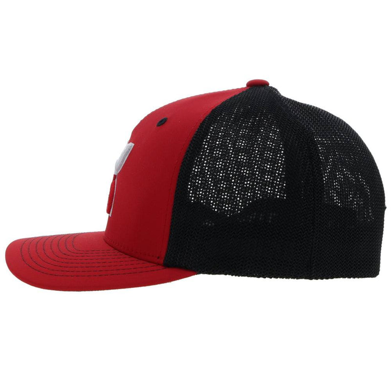 Left side of the Red and black Boquillas hat