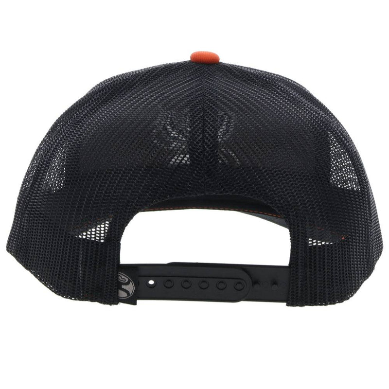 back of the Arc orange and black hat with black and grey Arc logo