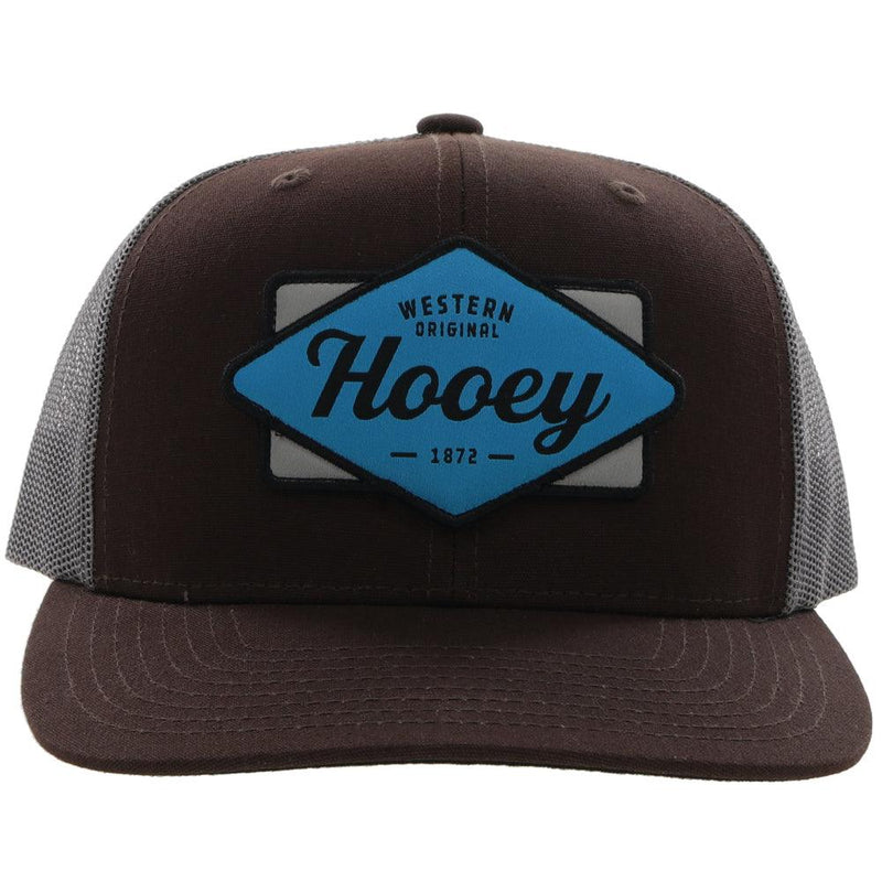 front of the Diamond brown and grey hat with blue and black patch