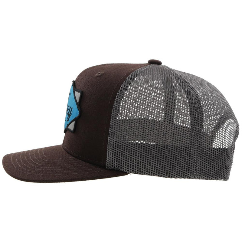 left side of the Diamond brown and grey hat with blue and black patch