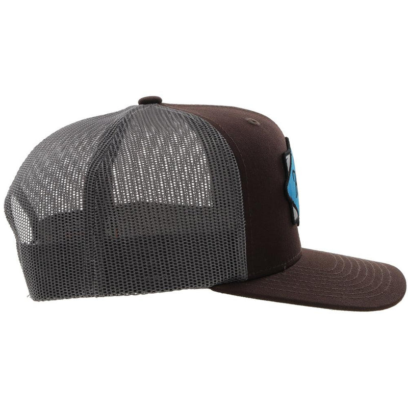 right side of the Youth Diamond brown and grey hat with blue, black, and grey patch