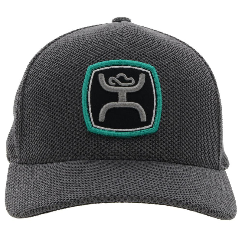 front of the Zenith grey hat with grey, black, and teal patch