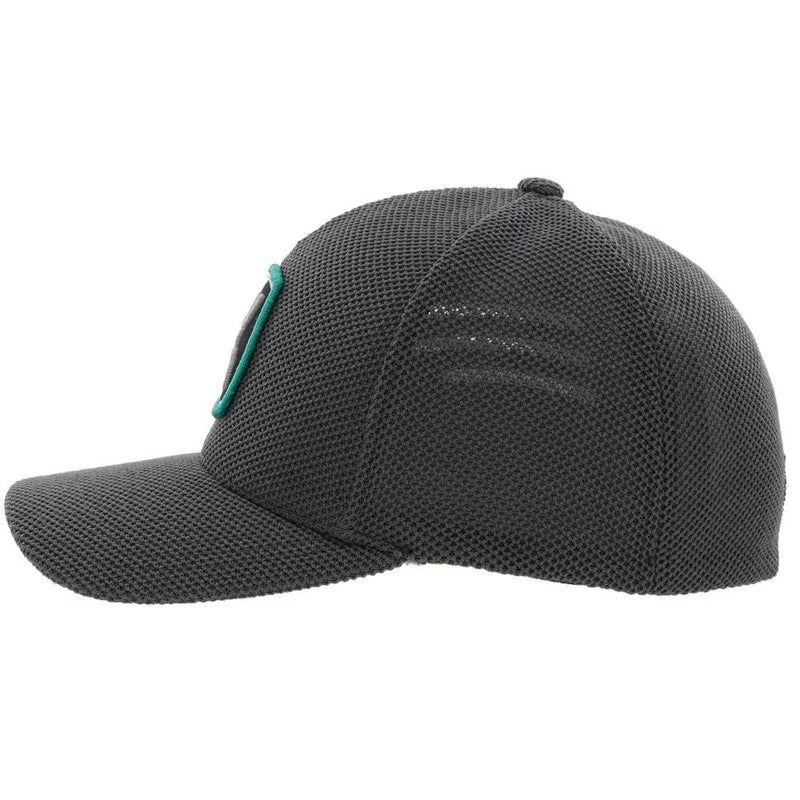left side of the Zenith grey hat with grey, black, and teal patch