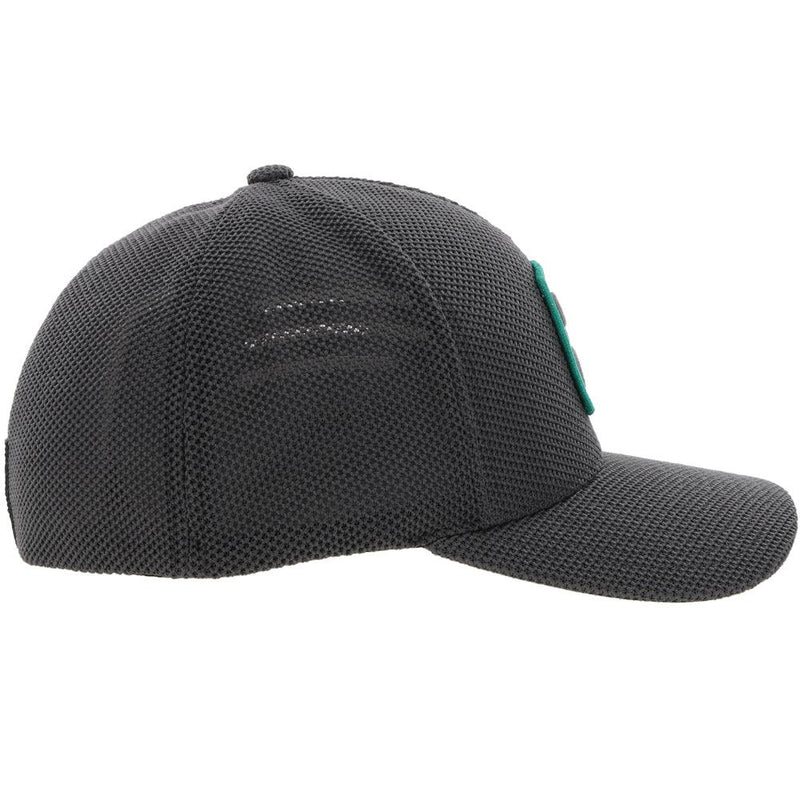 right side of the Zenith grey hat with grey, black, and teal patch