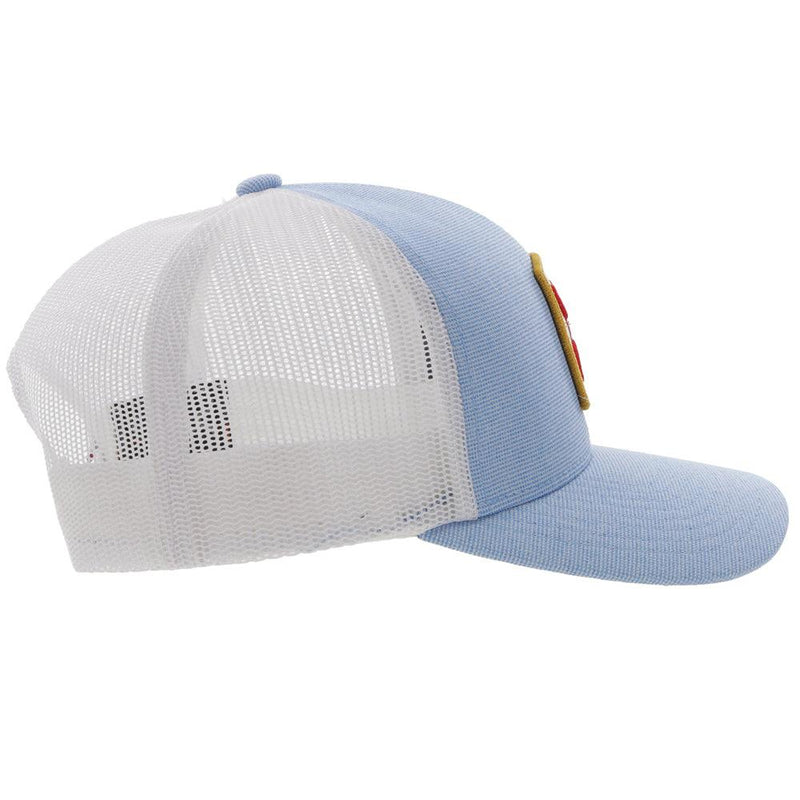 right side of the Zenith blue and white hat with gold, red, and white patch