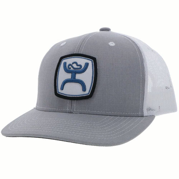 Zenith light grey and white hat with blue, black, and white patch