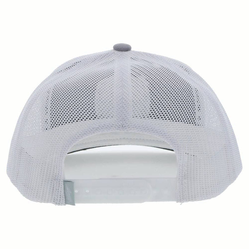 back of the Zenith light grey and white hat with blue, black, and white patch