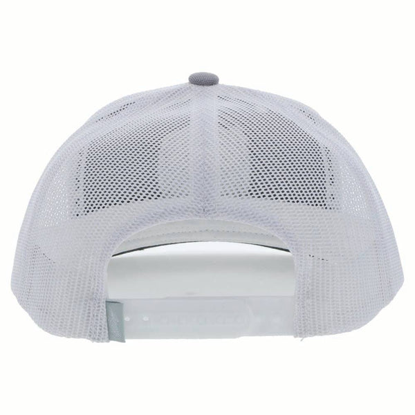 back of the Youth Zenith light grey and white hat with blue, white, and black patch