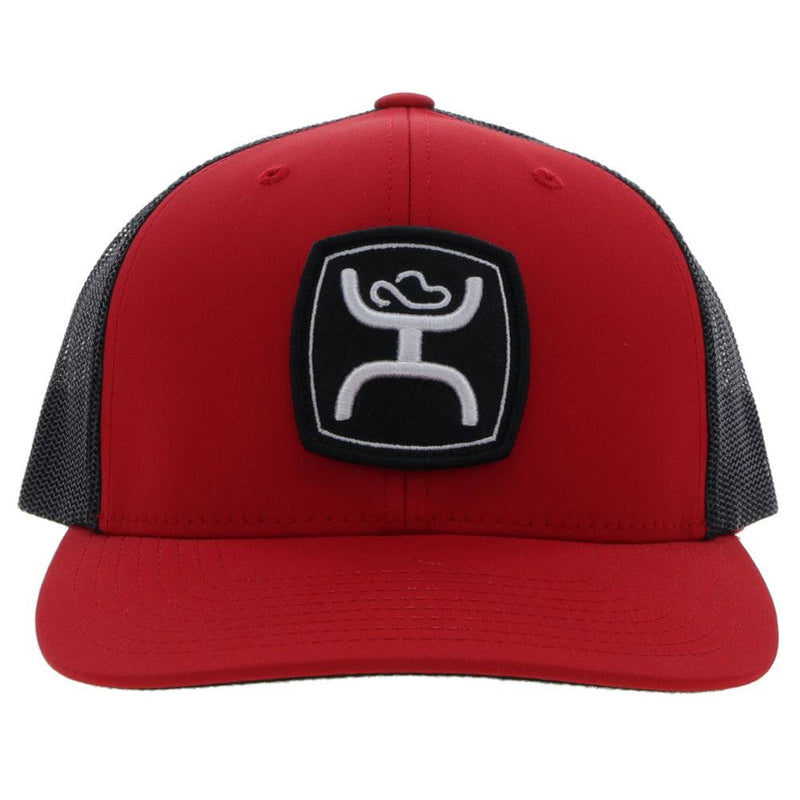 front of the Zenith red and black snapback hat with black and white patch