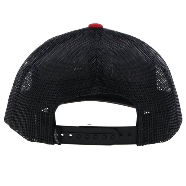 back of the Zenith red and black snapback hat with black and white patch