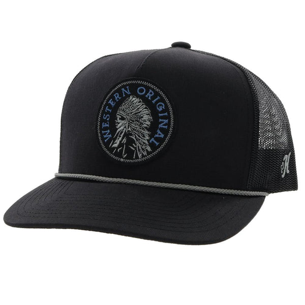 Youth Quanah hat in black with black and blue patch