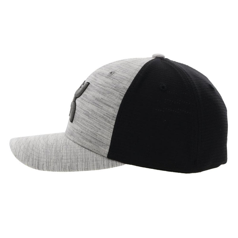 left side of the "Ash" grey and black hooey hat with grey hooey logo