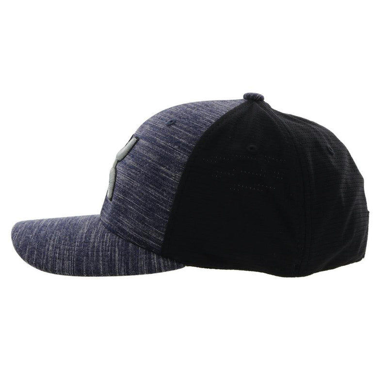 left side of the Navy and black "Ash" hat with silver hooey logo