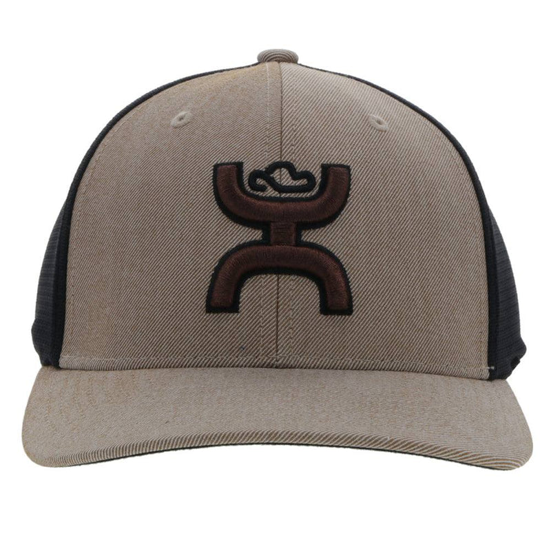 front of the Tan an black "Ash" flexfit hat with brown Hooey logo