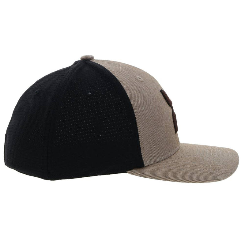 right side of the Tan an black "Ash" flexfit hat with brown Hooey logo