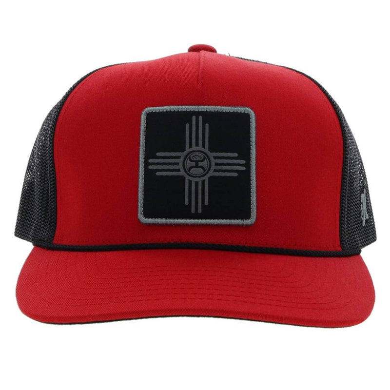 front of the Zia red and black snapback hat with grey and black patch