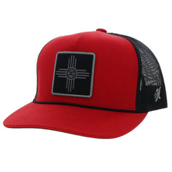 Zia red and black snapback hat with grey and black patch