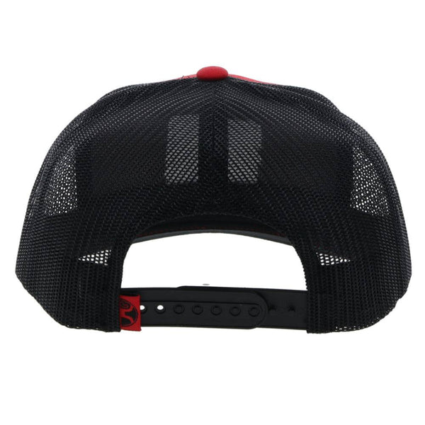 back of the Zia red and black snapback hat with grey and black patch