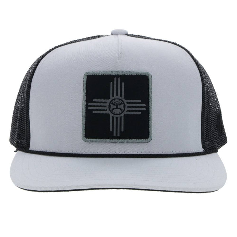 front of the Zia white and black snapback with black and grey square patch