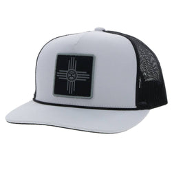 Zia white and black snapback with black and grey square patch