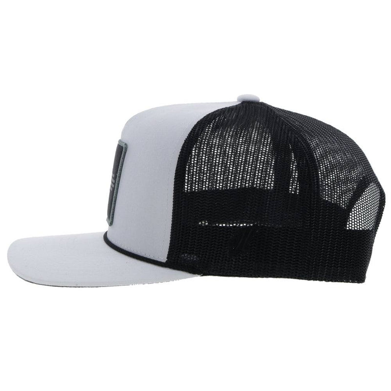 left side of the Zia white and black snapback with black and grey square patch