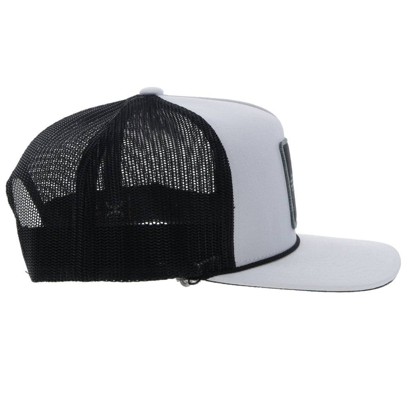 right side of the Zia white and black snapback with black and grey square patch