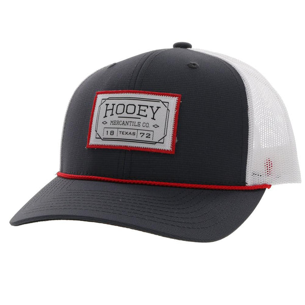 Doc grey and white trucker hat with red and white patch and red rope detail